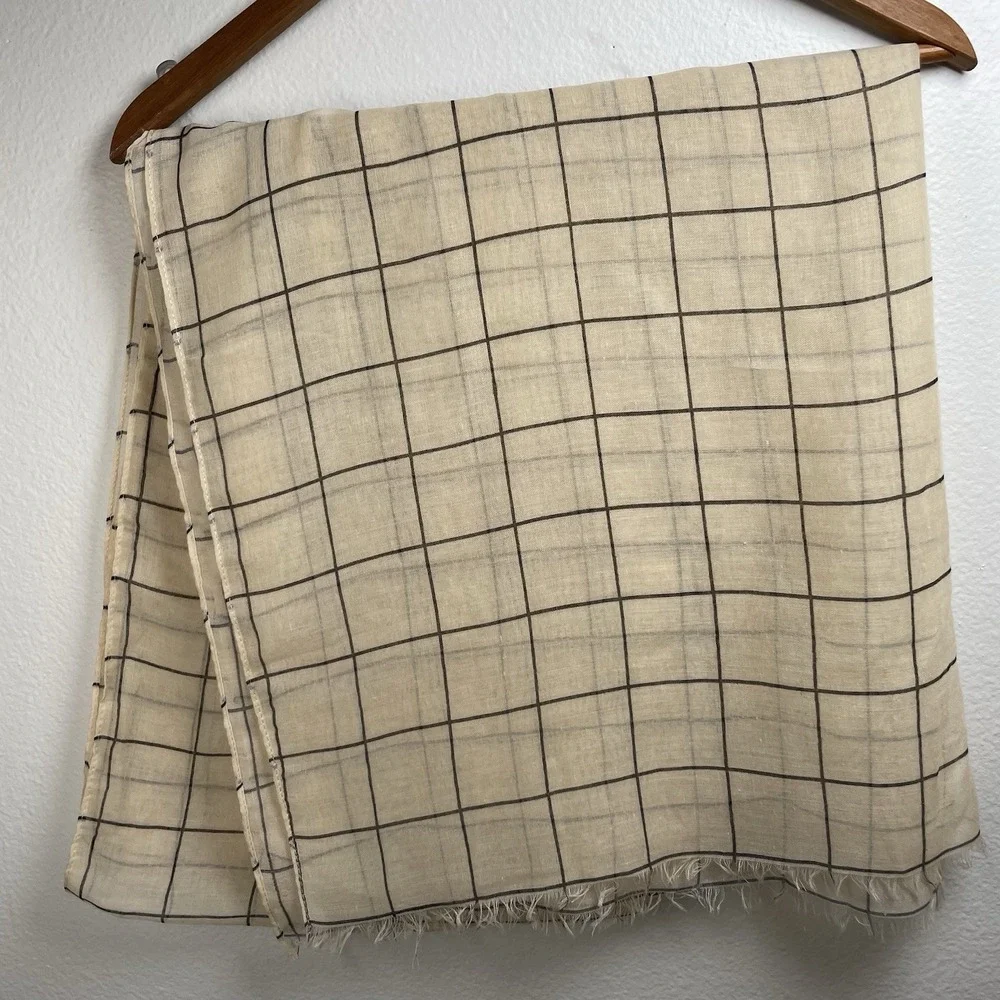 Rachel Pally Womens OS Beige Grid Scarf Minimalist Lightweight Polyester